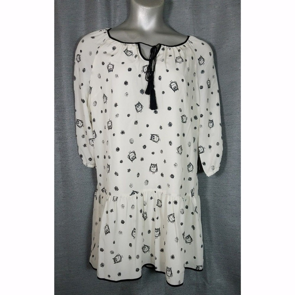 Women’s Cream Owl Print Peasant Dress with Black Trim